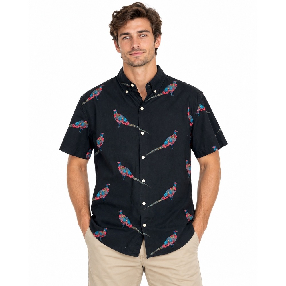 Bonobos Black Pheasant Bird Print Short Sleeve Button Down Shirt Men's | XL